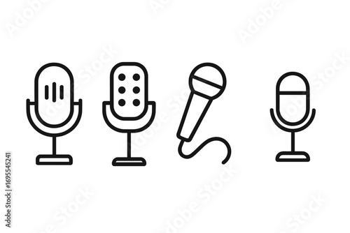 Minimalist microphone icons set for podcast and broadcast design. Vector line art illustration. Mic collection for audio, voice, sound recording, studio, or interview symbols.