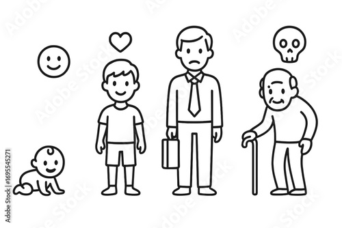 Visual representation of life stages symbolism with baby, child, adult, elderly, emotions, love and death icons in simple line art cartoon vector illustration set