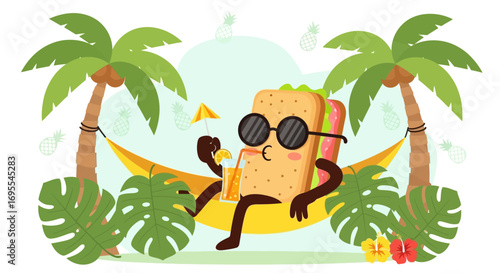 Sandwich Character Enjoying Vacation in Hammock Under Palm Trees Illustration