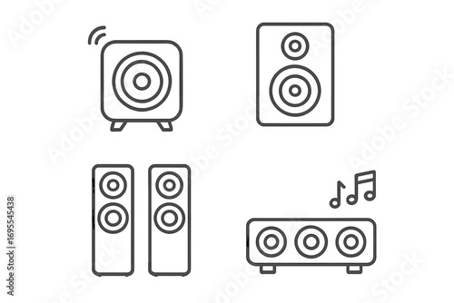 Speaker icon set for audio technology. Sound system line art. Loudspeaker, stereo, home theater. Music entertainment symbol. Minimalist vector illustration. Woofer, subwoofer.