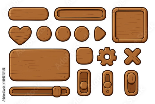 Wooden interface elements for user interaction in digital applications and games, cartoon style vector buttons set, UI icons with transparent background, interface controls collection