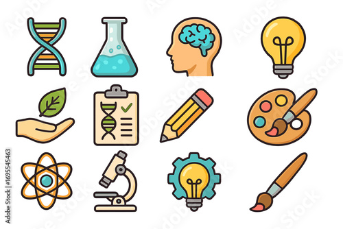 Science and design icons collection with genetics, creativity, innovation, biology, art, research, technology symbols, brain, microscope, light bulb, paintbrush, DNA, pencil, atom, leaf, lab flask