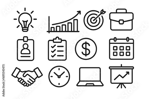 Simple outline business and productivity icons set, vector cartoon style with clear transparent background, organized collection of key office symbols for professional design projects