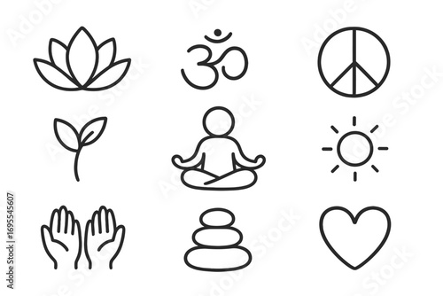 Yoga meditation and peace symbols icon set. Minimalist doodle line art collection. Harmony, spiritual, zen, and wellness vector elements. Lotus, om, heart, sun icons.