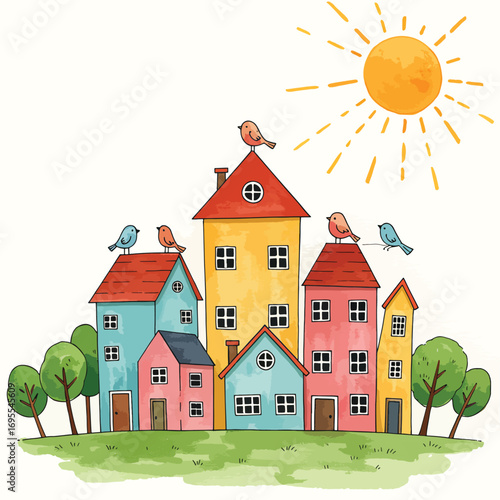 A charming watercolor illustration of colorful houses with birds perched on the rooftops, surrounded by lush greenery and a bright sun shining above.