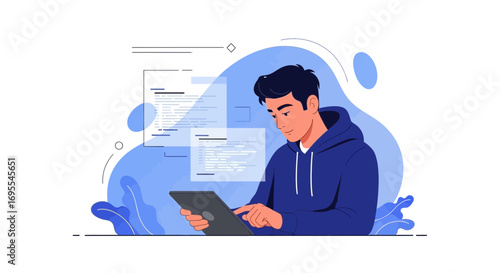 Programmer Working On Code On A Tablet Creating Software In A Modern Development Environment