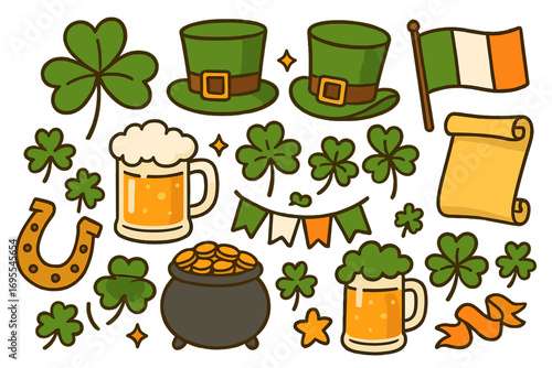 Symbols of St. Patrick's Day with shamrocks, green hats, frothy beer pints, pot of gold coins, Irish flag and festive elements celebrating Irish culture and traditions in cartoon vector style