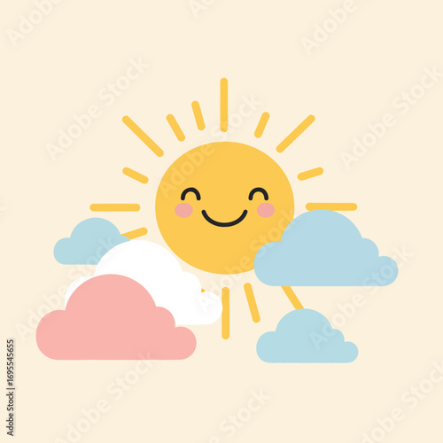 A cheerful, hand-drawn flat design sun with a smiling face, surrounded by cute, fluffy clouds. Radiating warmth and happiness, perfect for kids' illustrations and playful designs.