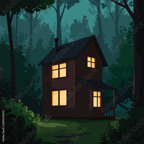 A charming wooden cottage nestled in a forest, with soft glowing windows, surrounded by lush greenery and a gentle drizzle, evoking a cozy atmosphere.