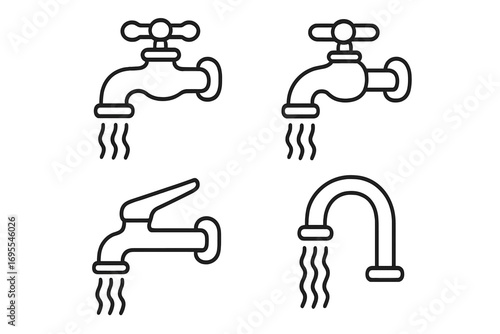 Set of faucet line icons with flowing water. Tap vector illustration collection. Plumbing, bathroom, and kitchen fixtures. Outline symbol for water stream, drip, and saving concept.