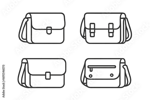 Set of messenger bag line icons. Vector illustration of postman satchel, shoulder bag, and crossbody pouch. Minimalist outline pictogram collection for web and graphic design.