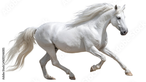 Galloping White Horse with Flowing Mane and Tail in Dynamic Motion on a Transparent Background for Equine Art