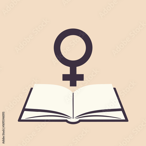 An open book with blank pages, topped by a female gender symbol, representing knowledge.