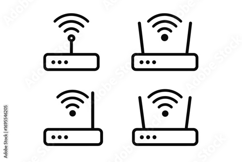 Wi-fi router icons set. Simple linear designs for technology and connectivity. Vector line art illustration. Wireless internet signal, modem, hotspot and network symbol pack.
