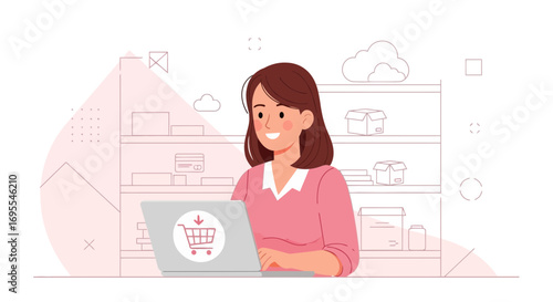 Smiling Woman Enjoying Online Shopping Experience Purchase Goods Easily from Computer.