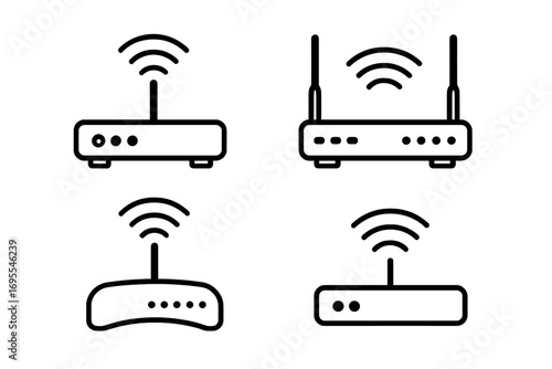 Wi-Fi router icon set. Simple linear designs for technology and connectivity. Vector collection of wireless internet modems. Network hub and signal transmission symbols.