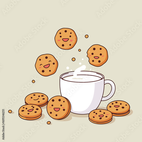 Cheerful flat design illustration of smiling cookies and a cup of milk, creating a delightful and playful snack scene. Perfect for food, kids, or dessert themes.