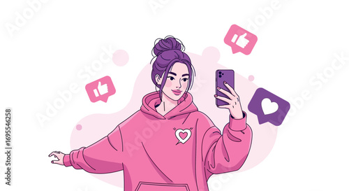 Social Media Influencer Capturing Moments With Smartphone Featuring Like and Heart Symbols