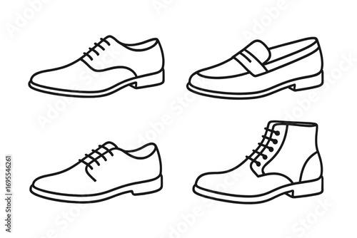 Men's shoes outline icon set. Vector collection of classic formal footwear. Line art illustration of oxford, loafer, and boot. Minimalist fashion design elements.