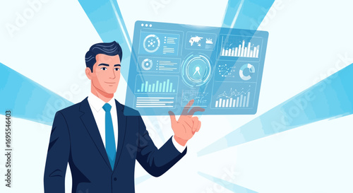 Sophisticated Businessman Interpreting Data on Futuristic Digital Interface