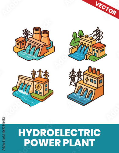 Hydroelectric power plant isometric 3d illustration 3D Representation of a Hydroelectric Power Plant Featuring Sustainable Water Conversion, Energy Production, and Green Technology