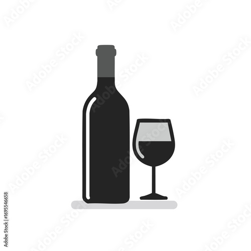 A minimalist illustration of a dark wine bottle standing next to a wine glass filled with red wine.
