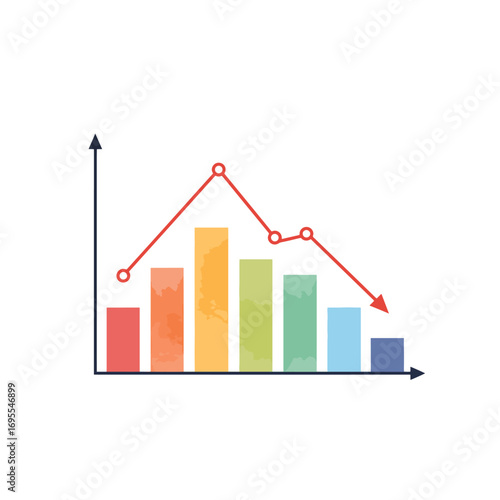 Colorful watercolor flat design illustration showing rising and falling graphs, representing business analytics, trends, and performance metrics.