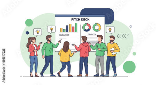 Team Collaboration on Pitch Deck Illustration Depicting Business Innovation and Growth Strategies