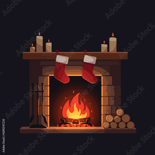 Cozy fireplace with red stockings, glowing flames, and neatly stacked firewood creates a warm, festive atmosphere. Flat design vector art for the holiday season.