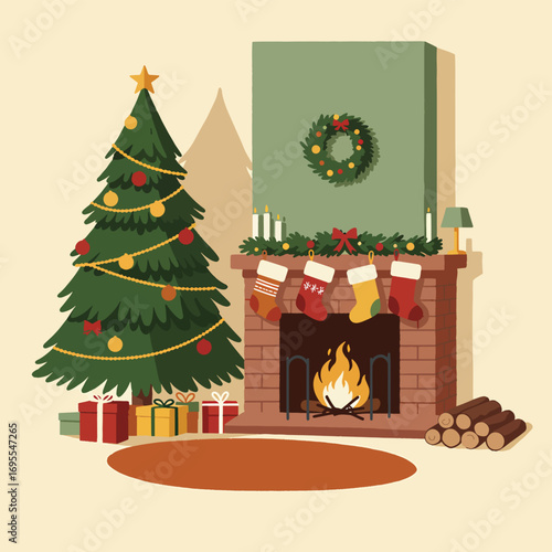 Cozy flat design illustration of a fireplace with stockings, a decorated Christmas tree, and logs, creating a warm, festive holiday atmosphere.