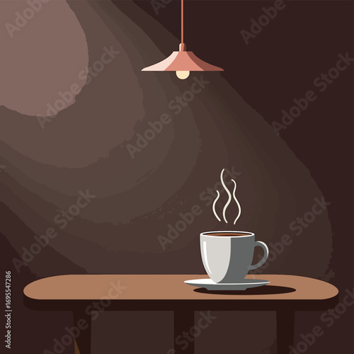 Cozy flat design vector illustration of a steaming coffee cup on a table with a soft background, evoking warm ambiance and relaxing moments.