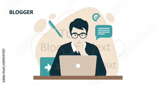 Thoughtful Blogger Contemplating Content Creation On Laptop With Icons And Typography