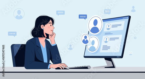 Thoughtful Professional Woman Conducting Online Research On A Personal Computer.