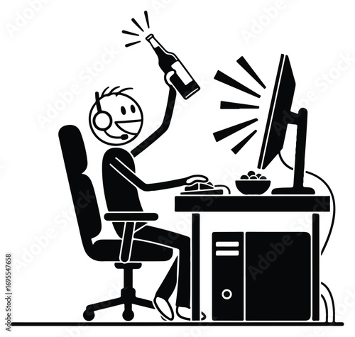 A person celebrating a computer victory with a bottle of beer.