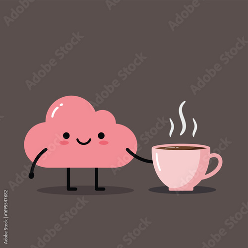 Cute, smiling pink cloud character next to a steaming coffee cup. Whimsical flat design illustration evoking warmth and joy, perfect for cozy themes and comfort.