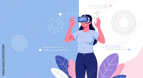 Virtual Reality Experience Depicted With a Woman Interacting With Technology In a Modern Style