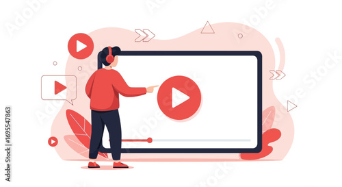 Watching Online Streaming Videos: Girl Showing Play Icon, Webinar, Digital, and Online Content