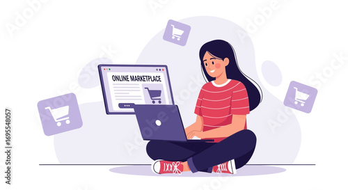 Woman Engaging In Online Shopping With Laptop And Marketplace Interface Interface