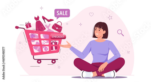 Woman Enjoying Online Shopping Experience with Sale Items And Quick Checkout Option