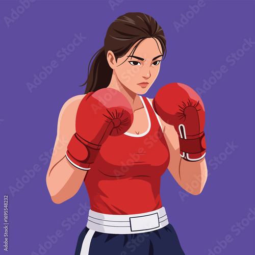 A determined young boxer stands ready with her red gloves. Vivid colors and strong expression capture the essence of strength and empowerment in sports, in a flat design style.