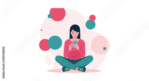 Woman Relaxing While Using Her Phone In A Peaceful And Harmonious Illustration