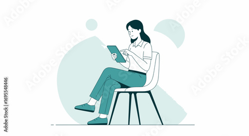 Woman Seated Interacting With Digital Tablet Device in Modern Graphical Illustration