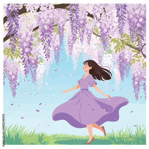 Joyful girl in a flowing purple dress dances beneath cascading wisteria flowers in a serene, dreamlike flat design vector illustration.