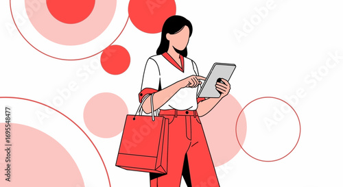 Woman Shopping Digitally Uses Tablet And Red Shopping Bags on White Background