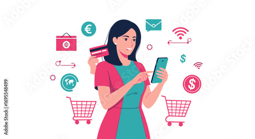 Woman Shopping Online with Credit Card Using Smartphone, Mobile E-commerce Illustration