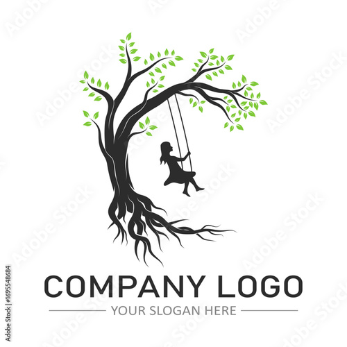 logo of a girl swinging on a tree vector