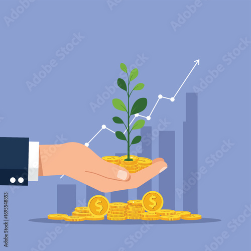 A hand holds a small plant sprouting from gold coins, symbolizing wealth growth, sustainable investment, and a flourishing economy. Flat design vector illustration.
