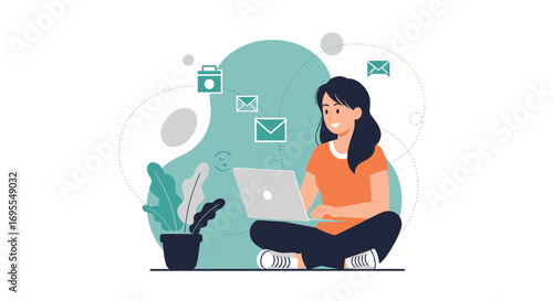 Woman Using Laptop While Sitting, Illustration of Modern Email and Communication at Work