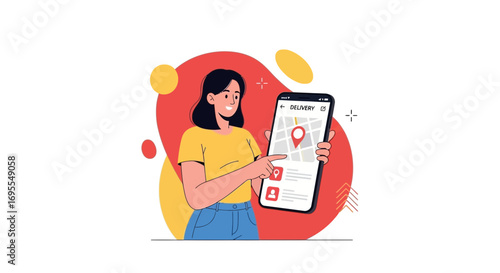 Woman Using Mobile App To Track The Delivery, Modern Illustration Concept On White
