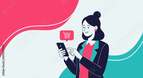 Woman Using Mobile Phone For Online Shopping With A Stylish And Modern Vector Illustration